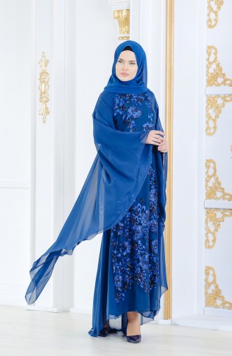 Petrol Hijab Evening Dress 52693-03