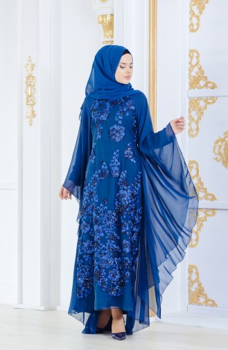 Petrol Hijab Evening Dress 52693-03