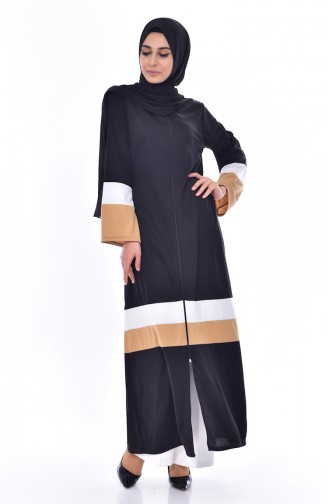 Patchwork Abaya mit Reißverschluss 3311-01 Schwarz Beige 3311-01