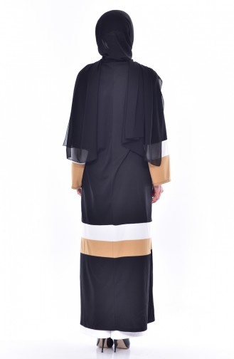 Striped Zippered Abaya 3311-01 Black Beige 3311-01