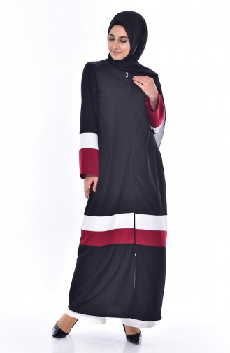 Abaya Garnie a Fermeture 3311-05 Noir Bordeaux 3311-05