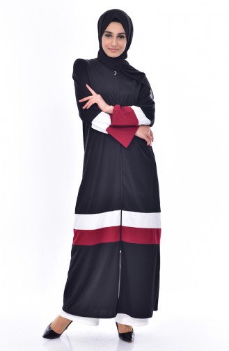 Abaya Garnie a Fermeture 3311-05 Noir Bordeaux 3311-05