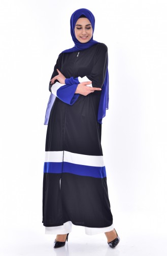 Abaya Garnie a Fermeture 3311-03 Noir Bleu Roi 3311-03