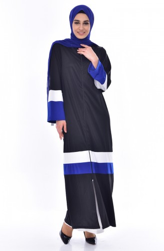 Abaya Garnie a Fermeture 3311-03 Noir Bleu Roi 3311-03