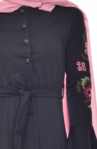 Kolu Nakışlı Kuşaklı Elbise 2011-01 Siyah