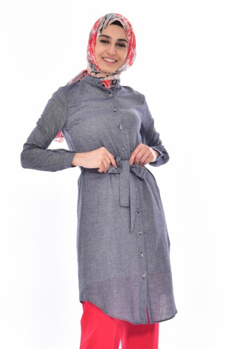 Düğmeli Kuşaklı Tunik 3030-03 Lacivert
