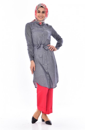 Düğmeli Kuşaklı Tunik 3030-03 Lacivert