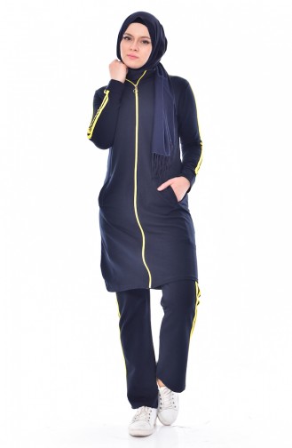 Zippered Tracksuit Suit 18068-08 Navy Blue Yellow 18068-08