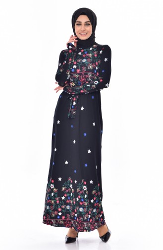 Gemustertes Kleid mit Gürtel 5860-01 Schwarz 5860-01