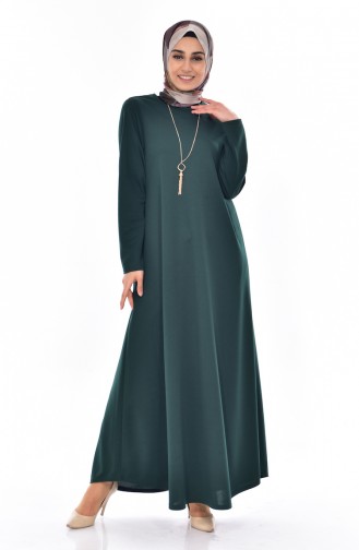 Kolyeli Basic Elbise 0176-02 Zümrüt Yeşil