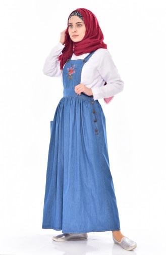 Nakışlı Jile Elbise 0127-02 Kot Mavisi