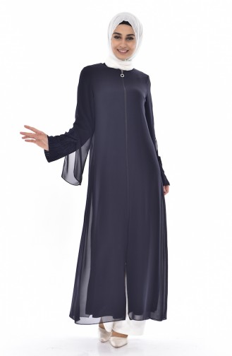 Abaya a Fermeture Détail Plissée 35814-01 Bleu Marine 35814-01