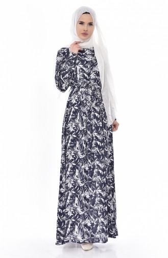 Belted Patterned Dress 9023-01 Navy Blue 9023-01