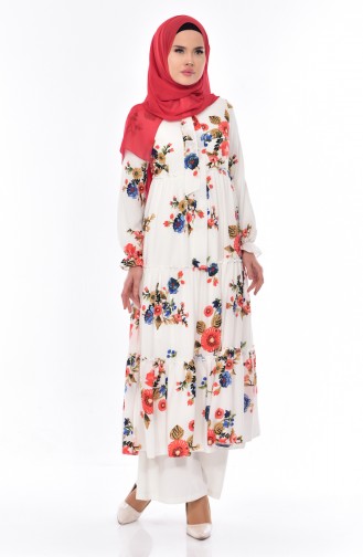 Floral Patterned Long Tunic 0673-01 White 0673-01