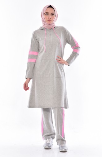 Hooded Zippered Tracksuit Suit 18060-07 Gray Pink 18060-07