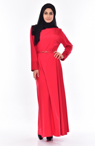 Büyük Beden Kemerli Elbise 9001-02 Kırmızı