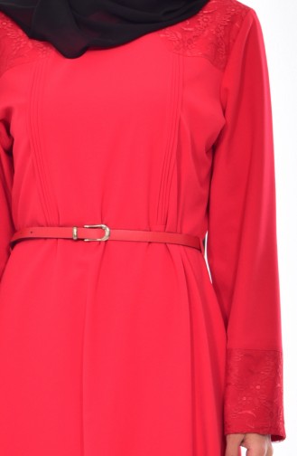 Büyük Beden Kemerli Elbise 9001-02 Kırmızı