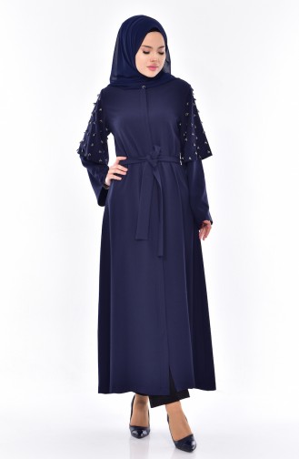 Abaya Bordée de Perles 35808-02 Bleu Marine 35808-02