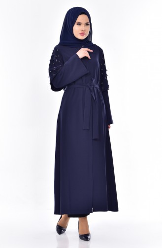 Abaya Bordée de Perles 35808-02 Bleu Marine 35808-02