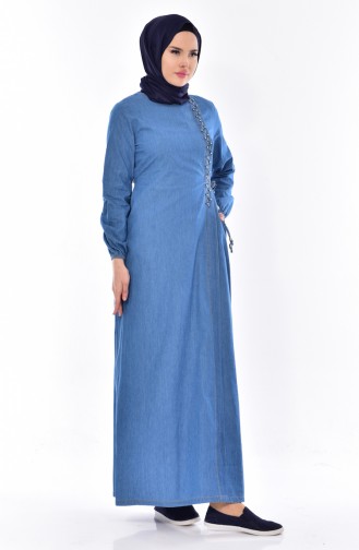 İnci Detaylı Kot Elbise 1713-01 Mavi