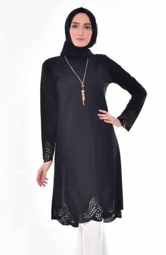 Necklaced Laser Cut Tunic 0662-03 Black 0662-03