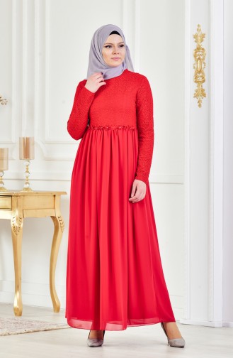 فستان سهرة بتفاصيل من الدانتيل 8150-05 لون أحمر 8150-05