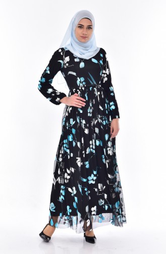 Printed Belt Dress 0674-01 Black Turquoise 0674-01