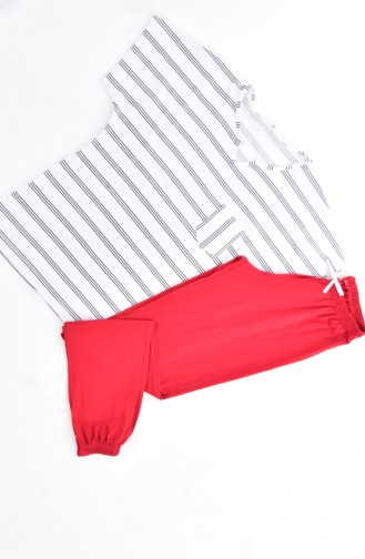 Çizgili Pijama Takım 4117-01 Beyaz Kırmızı