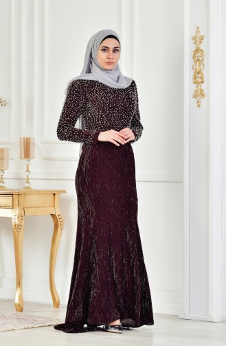 Robe de Soirée a Paillette et Perles 3130-02 Bordeaux 3130-02