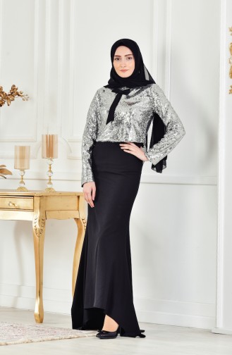 Payetli Bluz Etek Abiye İkili Takım 40422-03 Gri