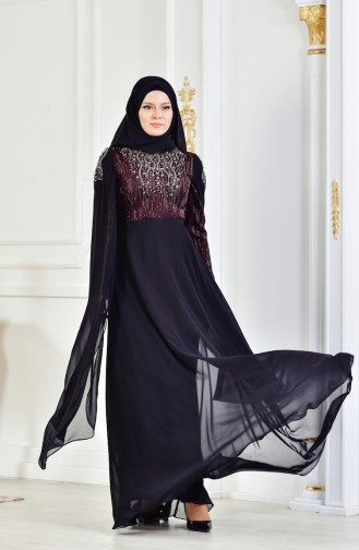 Strasstein Bedruktes Abendkleid mit Glitzer 3132-02 Weinrot Schwarz 3132-02