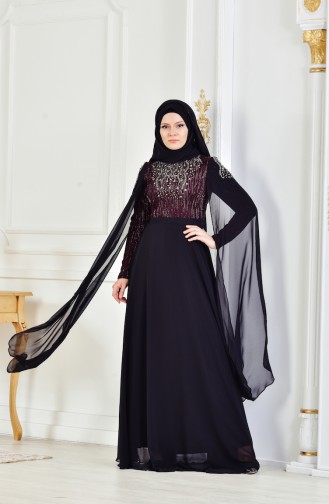 Robe de Soirée a Paillette İmprimée de Pierre 3132-02 Bordeaux Noir 3132-02