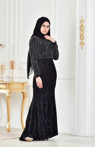 Robe de Soirée a Paillette et Perles 3130-01 Noir 3130-01