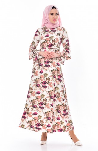 Çiçek Desenli Elbise 4142-09 Ekru Kırmızı