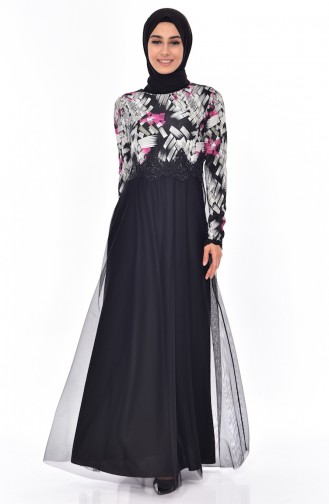 Black Hijab Evening Dress 3841F-01