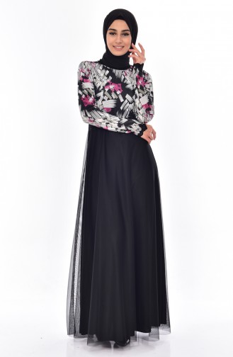 Black Hijab Evening Dress 3841F-01