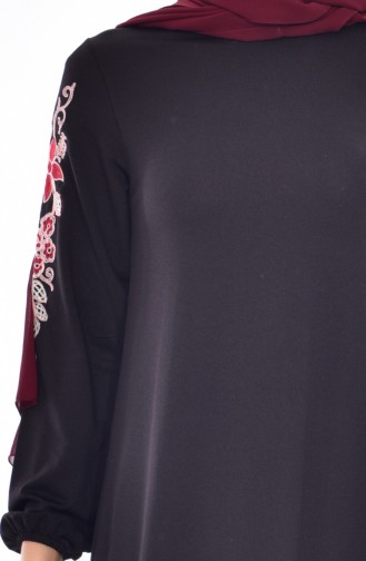 Kolu Nakışlı Elbise 5157-01 Siyah