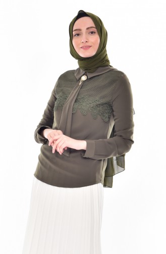 Spitzen Bluse mit Brosche 0805-01 Khaki 0805-01