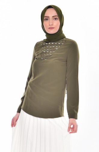 Bluse mit Perlen 1160-03 Khaki 1160-03