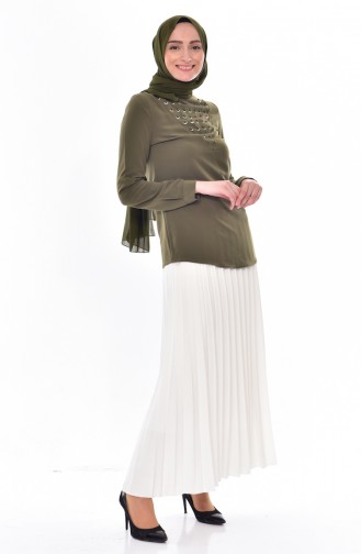 Bluse mit Perlen 1160-03 Khaki 1160-03