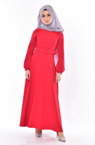 Kemerli Elbise 8134-08 Kırmızı