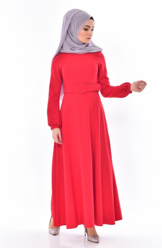 Kemerli Elbise 8134-08 Kırmızı