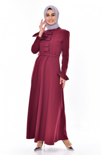 فستان بتصميم حزام للخصر 1084-04 لون خمري 1084-04