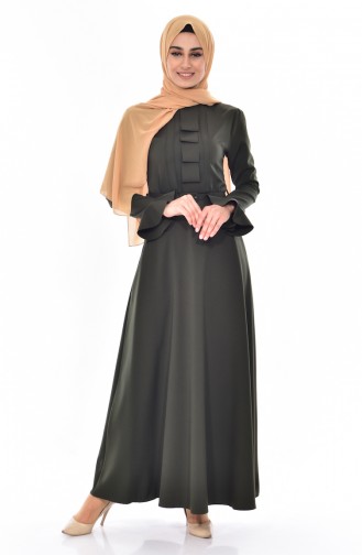فستان بتصميم حزام للخصر 1084-03 لون أخضر كاكي 1084-03