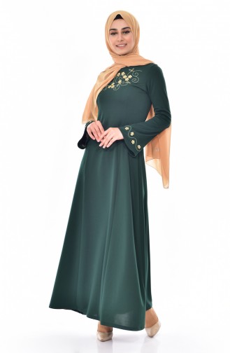 Nakışlı Elbise 5116-02 Zümrüt Yeşili