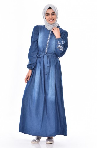 Robe Jean a Ceinture Taille Plissée 3628-01 Bleu Marine 3628-01