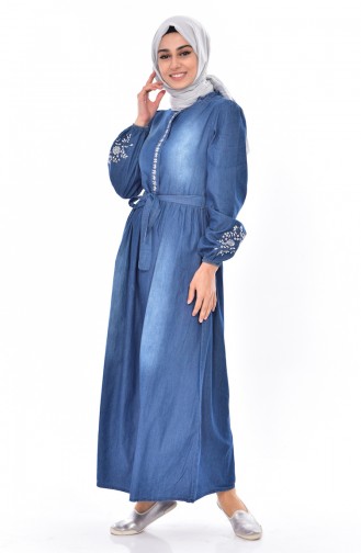 Robe Jean a Ceinture Taille Plissée 3628-01 Bleu Marine 3628-01