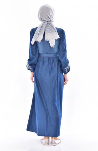 Robe Jean a Ceinture Taille Plissée 3628-01 Bleu Marine 3628-01