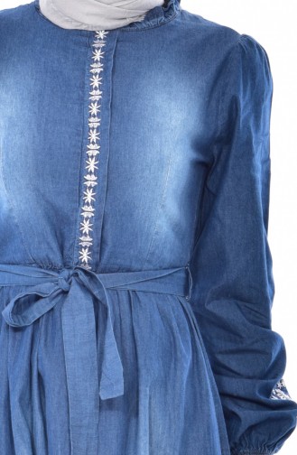 Robe Jean a Ceinture Taille Plissée 3628-01 Bleu Marine 3628-01