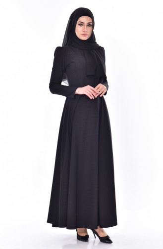 Jakarlı Kloş Elbise 7183-05 Siyah